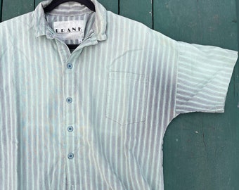 Vintage Frank Mint Green & Gray Striped Button Up High-Low Shirt - Size L - As Is