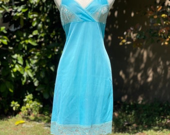 Vintage Turquoise Blue Sheer Lace Trim Sleeveless Lingerie Slip Dress - As Is