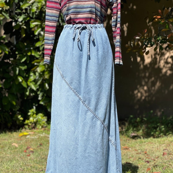 Vintage 90's London Jean 100% Cotton Patchwork Tie-Waist Long Denim Skirt - Size 12