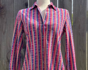 Vintage Multicolor Striped Lightweight Long Sleeve Collared Button Up Blouse