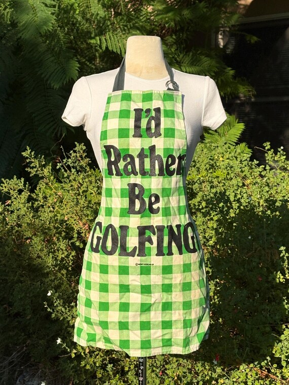 Vintage 1970's “I'd Rather Be Golfing” Now Designs Green and White Checkered Apron - As Is