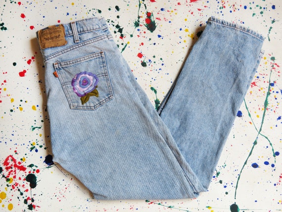Vintage 80s Levis 505 Orange Tab Funky Floral Embr