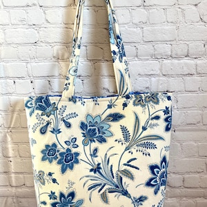 Women's Tote Bag! Blue floral tote bag, travel tote bag, work tote bag, laptop tote bag, casual tote bag, tote bag with pockets, canvas tote