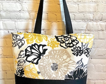 Women's Tote Bag, Yellow & Black Floral Tote Bag, travel tote bag, work tote bag, tote bag for teachers, canvas tote bag, large tote bag,