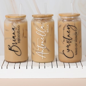 Personalized Iced Coffee Cup 16oz Glass Tumbler Custom Beer Can with Lid and Straw Bridesmaid Gift Idea Wedding Party Drinkware