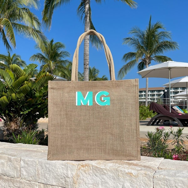 Personalized Beach Bag, Bridal Gift Tote, Shadow Monogram Jute Bag, Bridesmaid Gift, Bridal Party Bag, Jute Carryall Tote, Custom Bag