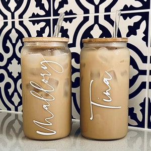 Custom 16oz glass tumbler iced coffee cup with lid and straw personalized for bridesmaids or wedding party gift idea drinkware.