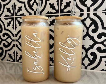 20oz Personalized Iced Coffee Cup, Custom Beer Can Glass with Lid and Straw, Bridesmaid Gift, Glass Cup, Bridesmaid Proposal