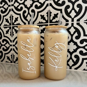 20oz Personalized Iced Coffee Cup, Custom Beer Can Glass with Lid and Straw, Bridesmaid Gift, Glass Cup, Bridesmaid Proposal