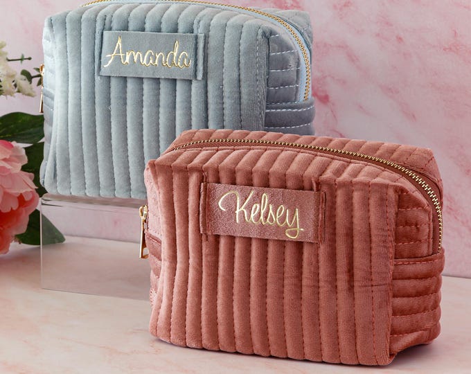 Personalized Velvet Makeup Bag, Custom Cosmetic Pouch, Bridesmaid Gift