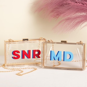 May include: Two clear acrylic clutch purses with gold-tone hardware and chain straps. One purse displays the letters "SNR" in red and blue, while the other shows "MD" in blue. A pink feathery plant is in the background.