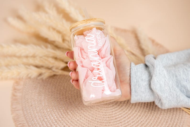 Custom 16oz glass tumbler iced coffee cup with lid and straw personalized for bridesmaids or wedding party gift idea drinkware.