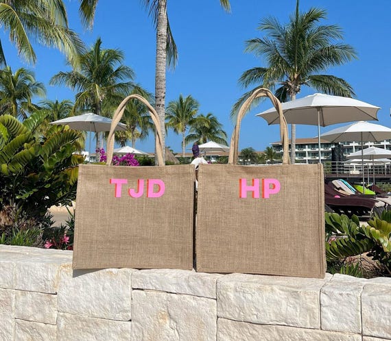 Personalized Jute Tote Bag Bridesmaid Gift Idea Bachelorette Weekend Getaway Monogram Beach Wedding Party Favor Custom Carryall Burlap