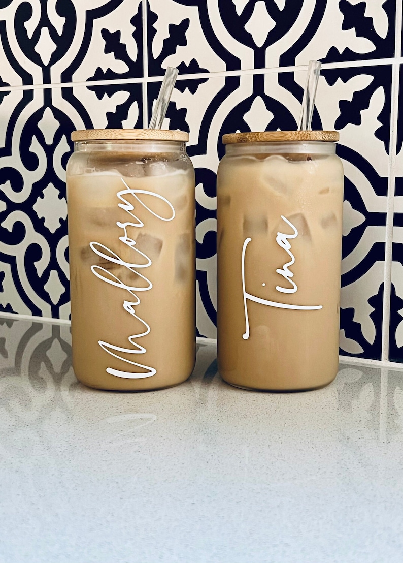 Custom 16oz glass tumbler iced coffee cup with lid and straw personalized for bridesmaids or wedding party gift idea drinkware.
