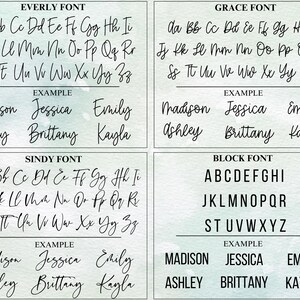 Peut inclure: Quatre styles de polices sont pr&eacute;sent&eacute;s, chacun avec l'alphabet et des exemples de noms. Les polices Everly, Grace et Sindy sont en cursive, tandis que la police Block est de style sans-serif. Les noms d'exemple incluent Madison, Jessica, Emily, Ashley, Brittany et Kayla.