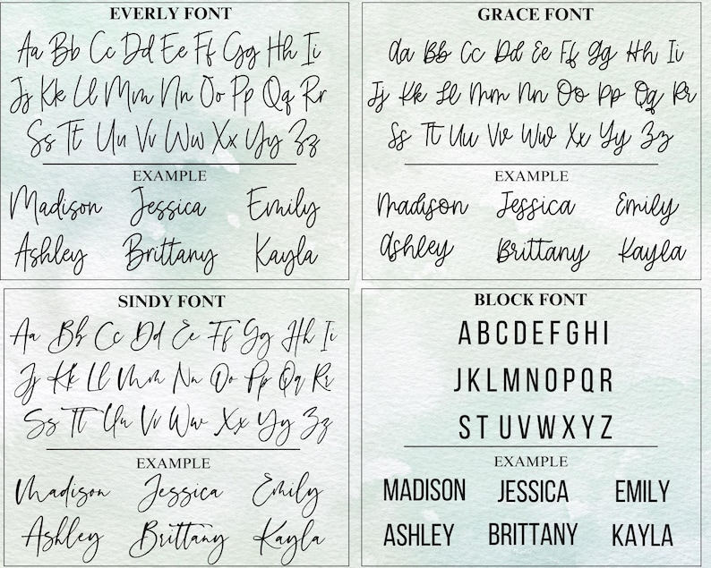 Peut inclure: Quatre styles de polices sont pr&eacute;sent&eacute;s, chacun avec l'alphabet et des exemples de noms. Les polices Everly, Grace et Sindy sont en cursive, tandis que la police Block est de style sans-serif. Les noms d'exemple incluent Madison, Jessica, Emily, Ashley, Brittany et Kayla.
