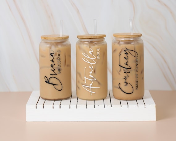 Personalized Iced Coffee Cup 16oz Glass Tumbler Custom Beer Can with Lid and Straw Bridesmaid Gift Idea Wedding Party Drinkware