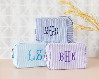 Personalized Seersucker Makeup Bag, Embroidered Cosmetic Pouch, Travel Toiletry Bag