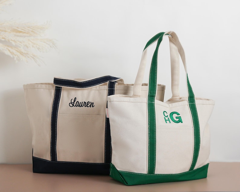 Personalized embroidered canvas tote bags with custom name and monogram designs. Large zippered canvas tote for travel, beach trips, everyday use, graduation gifts, bridesmaid gifts and personalized gifts for her.