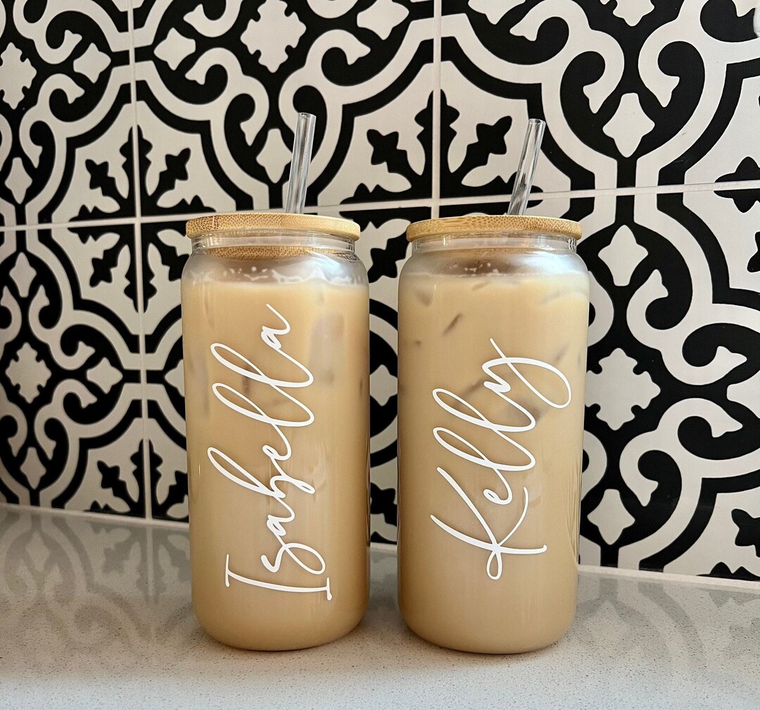 20oz Personalized Iced Coffee Cup, Custom Beer Can Glass With Lid and Straw, Bridesmaid Gift