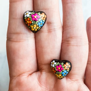 Hand painted Mexican Earrings Heart Studs Mexican Jewelry Boho Earrings With Flowers Artesanias Mexicanas Flower Earrings Christmas Gift