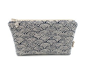 Cosmetic Zipper Bag Ocean Abstract Travel Purse Organizer Makeup Toiletry Case Navy Accessory Bag Cotton Canvas Geometric Fabric