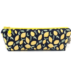 Lemon Print Pencil Pouch: Handmade Cotton Zipper Bag with Charm