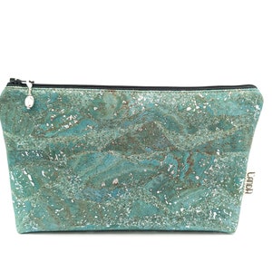 Cork Cosmetic Bag: Green Silver Vegan Leather Zipper Pouch