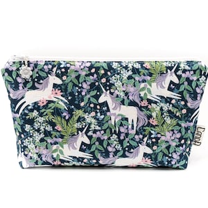 Unicorn Zipper Pouch: Floral Cotton Cosmetic Bag with Flower Pull