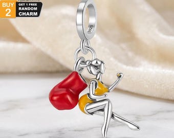 925 Sterling Silver Female Boxer Dangle Charm,Girl Power Boxing Glove Fitness Bead