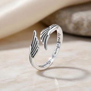 Anillo de plata de ley 925 con alas de ángel — "Extiende tus alas y vuela" Joyería ajustable imagen 5