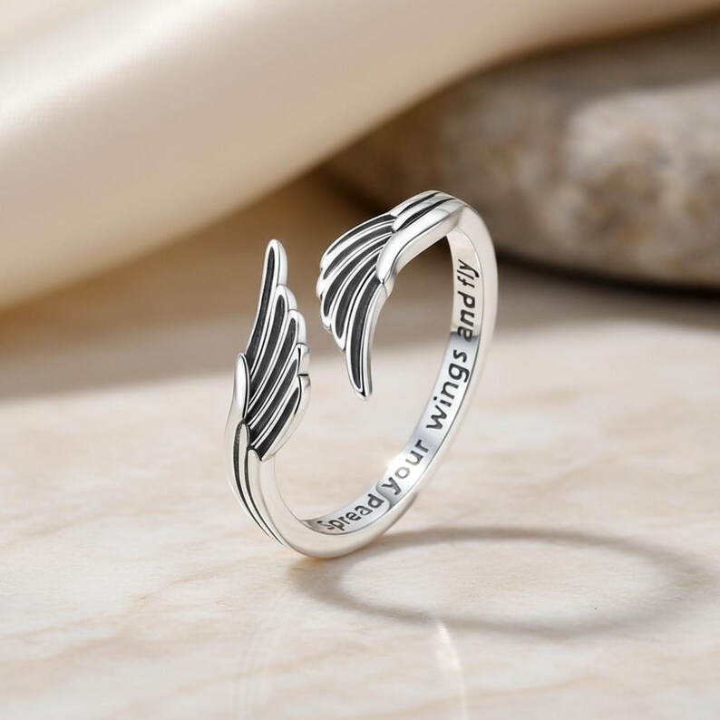 Anillo de plata de ley 925 con alas de ángel — "Extiende tus alas y vuela" Joyería ajustable imagen 5