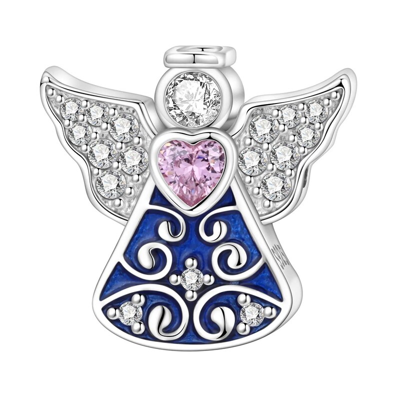 May include: A silver angel charm with a halo and wings. The angel has a pink heart-shaped center stone and is adorned with clear crystals. The angel's dress is blue with a decorative swirl design.
