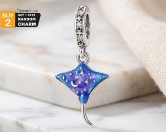925 Sterling Silver Celestial Stingray Charm - Blue Galaxy Manta Ray Bead
