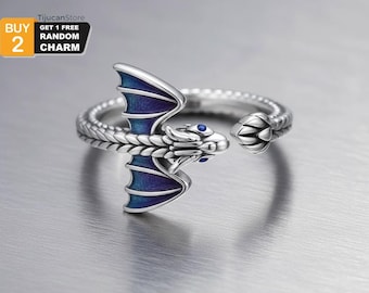 Anillo envolvente de dragón azul y morado de plata de ley 925 — Joyería de fantasía esmaltada ajustable