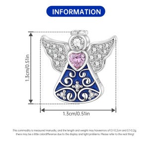 May include: A silver angel charm with a pink heart and blue accents. The wings are adorned with small clear stones. The charm measures 0.51 inches in length and width. The word "INFORMATION" is displayed in a blue rectangle at the top.
