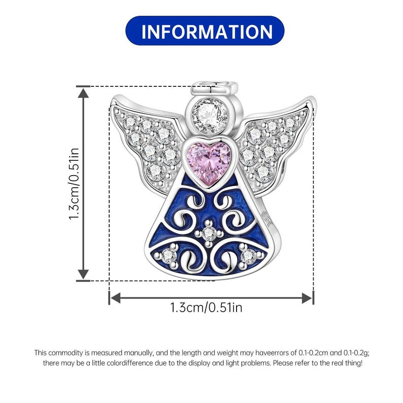 May include: A silver angel charm with a pink heart and blue accents. The wings are adorned with small clear stones. The charm measures 0.51 inches in length and width. The word "INFORMATION" is displayed in a blue rectangle at the top.