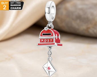925 Sterling Silver Vintage Postbox Dangle Charm, Red Mailbox & Love Letter Bead