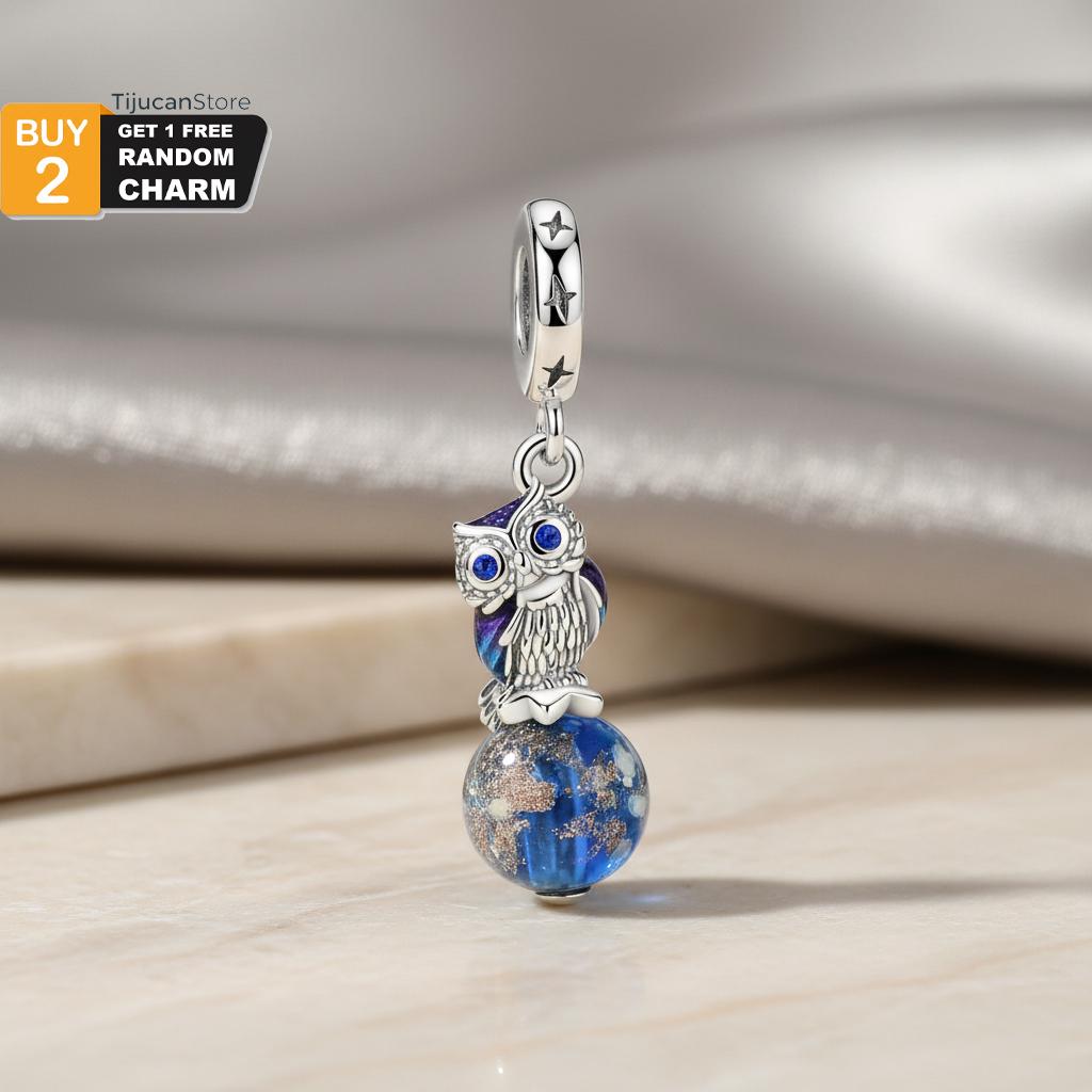 925 Sterling Silver Owl on Galaxy Glass Globe Dangle Charm with Blue CZ Eyes and Star Engraved Bail