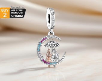 925 Sterling Silver Couple Moon Charm – Romantic Lovers Umbrella Dangle Bead – S925 Bracelet Pendant