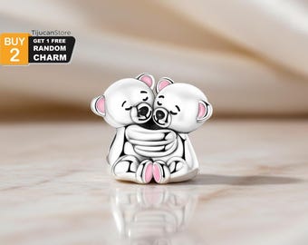 925 Sterling Silver Cuddling Bears Charm with Pink Enamel - Hugging Polar Bear Bead Fits Most European Bracelets