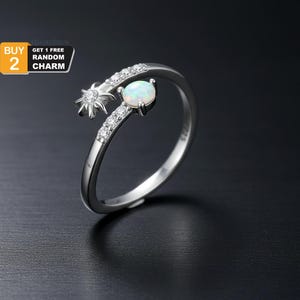 925 Sterling Silver Sun & Opal Ring — Adjustable Celestial CZ Open Wrap Ring