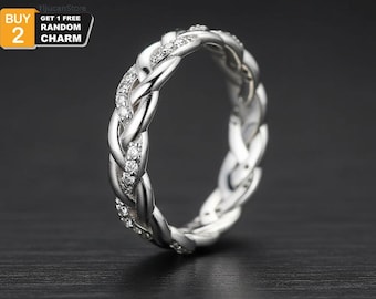 Anillo de infinito trenzado de plata de ley 925 — Banda retorcida con pavé brillante