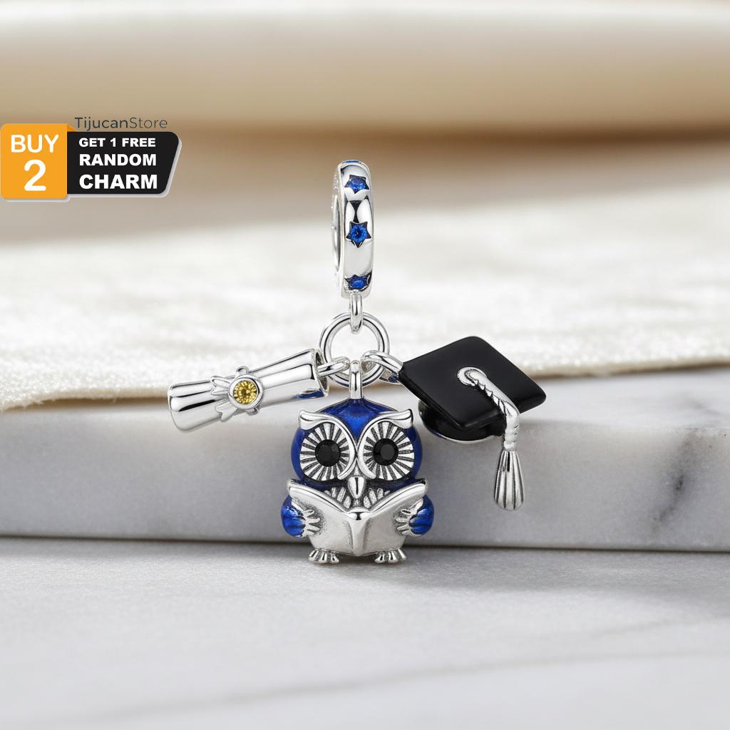 925 Sterling Silver Wise Owl Graduation Charm — Diploma & Mortarboard Triple Dangle