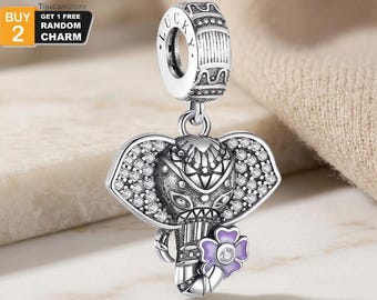 925 Sterling Silver Lucky Elephant Dangle Charm, Mandala Tribal Ganesha Purple Flower Bead