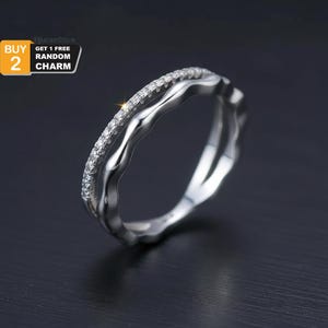 925 Sterling Silver Double-Layer Wave Ring — Sparkling Pavé & Organic Band