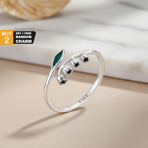925 Sterling Silver Lily of the Valley Ring — Green Enamel Adjustable Floral Wrap Ring