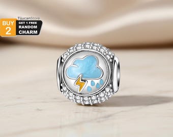 925 Sterling Silver Stormy Weather Charm — Blue Cloud and Lightning Bead