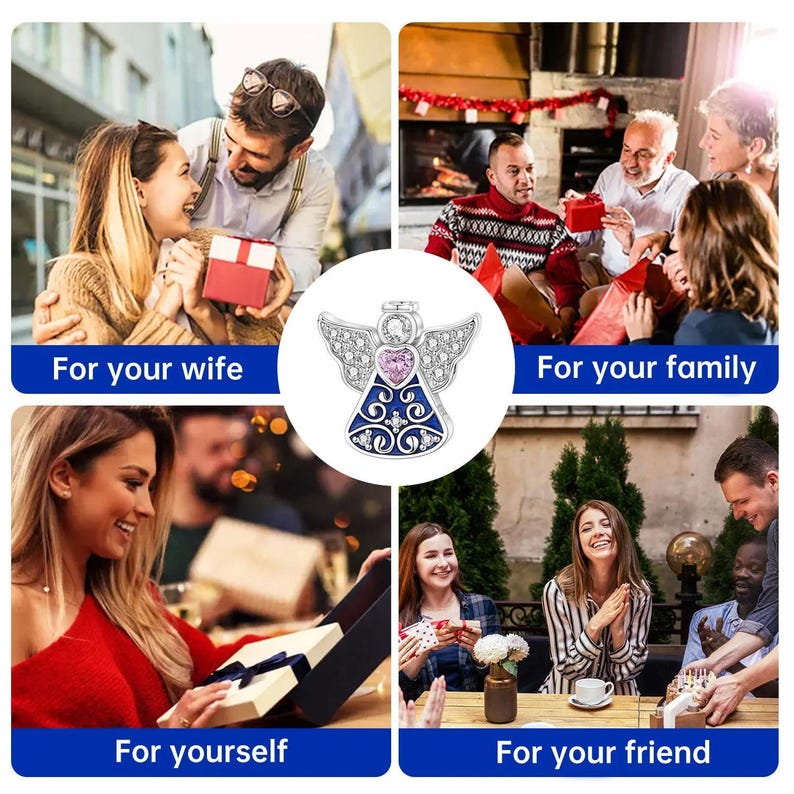 May include: A silver angel charm with a pink heart-shaped center and blue enamel detailing. The charm is surrounded by clear crystals. The image includes text that reads "For your wife", "For your family", "For yourself", and "For your friend".