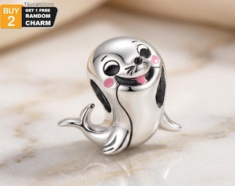 925 Sterling Silver Cute Little Seal Dangle Charm, Fluffy Ocean Pup Marine Life Bead
